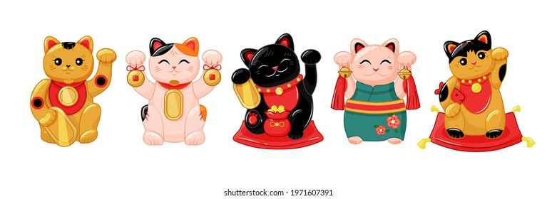 Japanese collection of Maneki Neko cats in the kartun style. Traditional White Doll of a Happy Cat with a Fish, bells, in a kimono. Gold and black figurine. Asian swinging fortune cat vector set. Vect