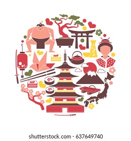 Japanese colorful attributes in isolated circle on white