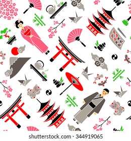 Japanese colorful background with flat icons. Japan travel concept. Cultural symbols. Traditional cuisine and clothes, national architecture and nature. Seamless pattern. Vector illustration.
