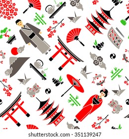 Japanese colorful background with flat icons. Japan travel concept. Cultural symbols. Traditional cuisine and clothes, nature and architecture. Seamless pattern. Vector illustration for modern design.