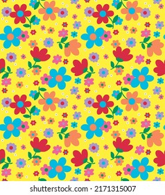 Japanese Colorful Cute Flower Vector Seamless Pattern
