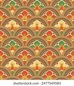 Japanese Colorful Flower Circle Wave Vector Seamless Pattern