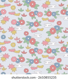 Japanese Colorful Flower Leaf Motif Vector Seamless Pattern