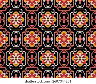 Japanese Colorful Flower Mosaic Vector Seamless Pattern