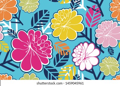 Japanese colorful flower patterns are smooth, with abstract leaf backgrounds for wallpaper and printing on a blue background