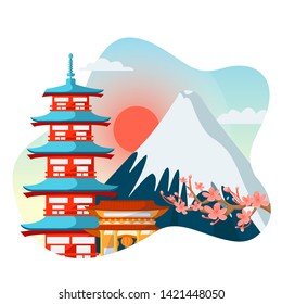 Japanese colorful pagoda, sakura flowers on Fuji mountain background. Travel to Japan isolated vector flat cartoon illustration. Asian traditional architecture and landscape.