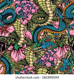 Japanese colorful vintage seamless pattern with poisonous snakes fantasy dragons chrysanthemum and sakura flowers vector illustration