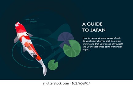 Japanese concept vector flat poster design. Koi carp japanese red and white fish vector illustration. Lotus leaves in pond background