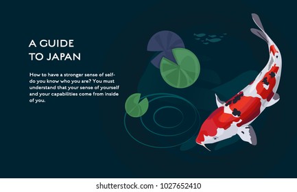 Japanese concept vector flat poster design. Koi carp japanese red and white fish vector illustration. Lotus leaves in pond background