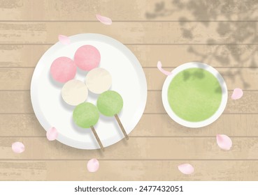 Japanese confectionery Dango and green tea in spring