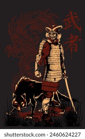 A Japanese Samurai’s Confrontation with Demons in a Fantasy Story Illustrated in Traditional Japanese Ink Art