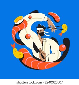 Japanese cook Asian food. Asian chef cooks Asian fish food. Sushi preparation