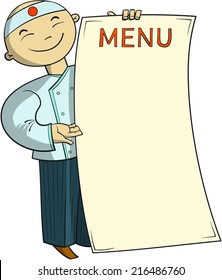 Japanese cook holding menu