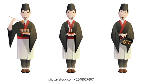 Japanese cook. Set. Vector illustration.