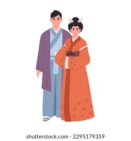 Japanese couple in traditional clothing. Asian man and woman, asian culture, ethnicity. Vector illustration in flat style.