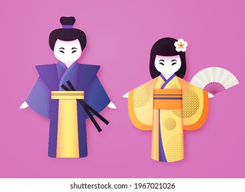 Japanese couple in traditional clothing, Man and woman ational dress. Cartoon paper cut style. Paper toy.