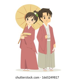 Japanese couple in traditional Kimono dress, cartoon vector. The woman holding an umbrella and the man holding a folding fan.