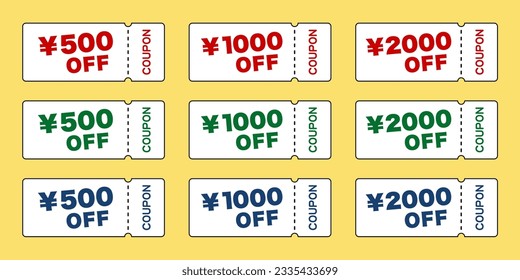 Japanese coupon set in different colors. ¥500 OFF, ¥1000 OFF, ¥2000 OFF.