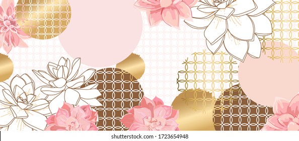 Japanese Cover background template with copy space for text and images design by abstract pink and Gold shapes, line arts ,flower,  invitation background design vector.