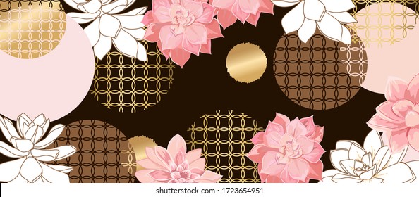 Japanese Cover background template with copy space for text and images design by abstract pink and Gold shapes, line arts ,flower,  invitation background design vector.