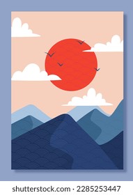 Japanese cover with mountains. Beautiful natural panorama with hills, clouds, birds and red sun. Wallpaper with landscape, sunset or sunrise. Traditional asian image. Cartoon flat vector illustration