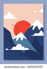 Japanese cover with mountains. Beautiful natural panorama with hilltops, red sun and birds. Traditional Asian art and creativity. Sunrise or sunset. Cartoon flat vector illustration