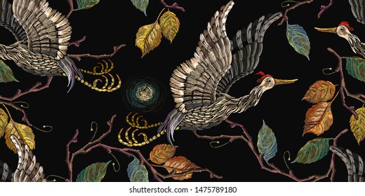 Japanese crane bird and autumn leaves seamelss pattern. Ancient embroidery fashion art, template for design of clothes 