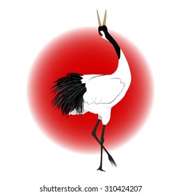 Japanese crane bird with red background - vector illustration