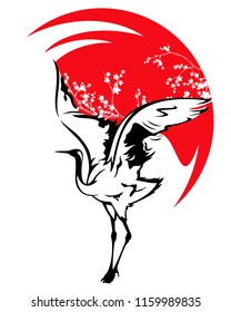 japanese crane bird with red sun and cherry tree branches vector design