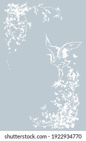 japanese crane bird standing among blooming sakura tree branches with flying butterflies - asian style spring season copy space vector background