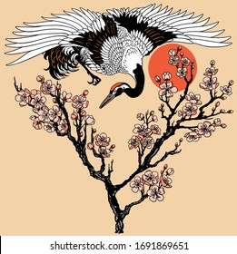 Japanese crane with branch of blooming sakura and red sun. Flying bird and cherry tree flowers blossom. Tattoo. Vector illustration