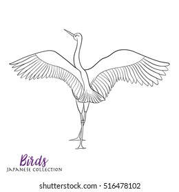 Japanese crane. Coloring book for adult. Outline drawing coloring page. Stock line vector illustration.