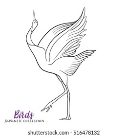 Japanese crane. Coloring book for adult. Outline drawing coloring page. Stock line vector illustration.