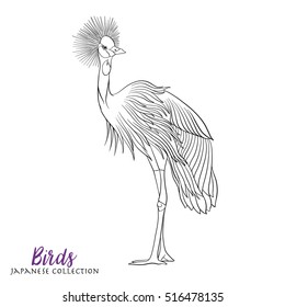 Japanese crane. Coloring book for adult. Outline drawing coloring page. Stock line vector illustration.