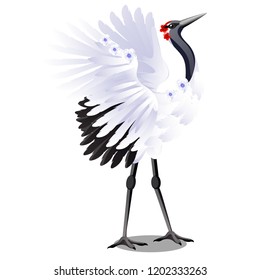 Japanese crane decorated with flowers isolated on white background. Vector cartoon close-up illustration.