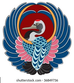 The Japanese crane, drawing for a kimono of the Samurai. The vector image on the basis of drawing on a kimono of the Samurai from an ancient Japanese Ukiyo-e Woodcut.