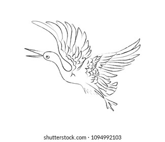 A Japanese crane or Flamingo or The red-crowned crane is gliding in the air, vector illustration. Scientific name: Phoeniconaias ruber.