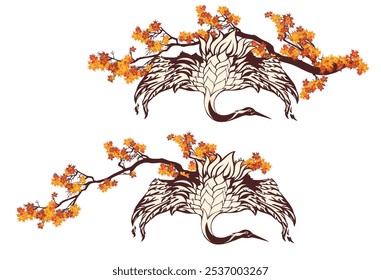 japanese crane flying with spread wings with autumn colored maple tree branches  - elegant fall season asian bird vector design