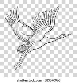 Japanese crane isolated drawing. Stock line vector illustration.

