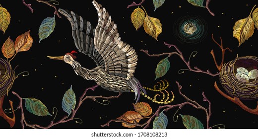 Japanese crane, moon, autumn leaves and bird nest, seamelss pattern. Ancient embroidery fashion art, template for design of clothes. Oriental style 