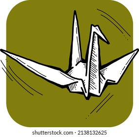 Japanese crane is peace, hope, love symbol to stop war in all world. Traditional paper craft origami culture in Japan. Hand drawn retro vintage vector illustration. Comics cartoon old style drawing.