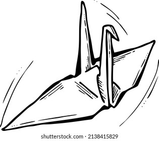 Japanese crane is peace, hope and love symbol to stop war in all world. Traditional paper craft origami culture in Japan. Hand drawn retro vintage vector illustration. Comics cartoon old style drawing