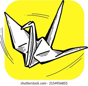 Japanese crane is peace, hope and love symbol to stop war in all world. Traditional paper craft origami culture in Japan. Hand drawn retro vintage vector illustration. Comics cartoon old style drawing