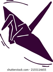 Japanese crane is peace, hope and love symbol to stop war in all world. Traditional paper craft origami culture in Japan. Hand drawn retro vintage vector illustration. Silhouette colour drawing