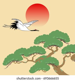 Japanese crane and pine tree with rising sun illustration