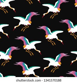 Japanese crane seamless, illustrated pattern. 80's inspired neon colored birds in flight for gift wraps, fabrics, wall-hangings, stationery and interior design. 