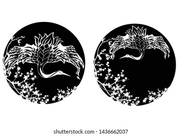 japanese crane with spread wings among sakura blossom branches - elegant asian bird black and white vector design