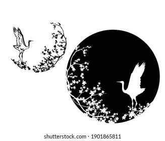 japanese crane standing among sakura blossom branches - elegant asian bird black and white vector circle design