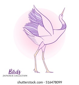 Japanese crane. Stock line vector illustration. This illustration can be used as a print on T-shirts, bags, tattoo, badges or patch