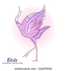 Japanese crane. Stock line vector illustration. This illustration can be used as a print on T-shirts, bags, tattoo, badges or patch